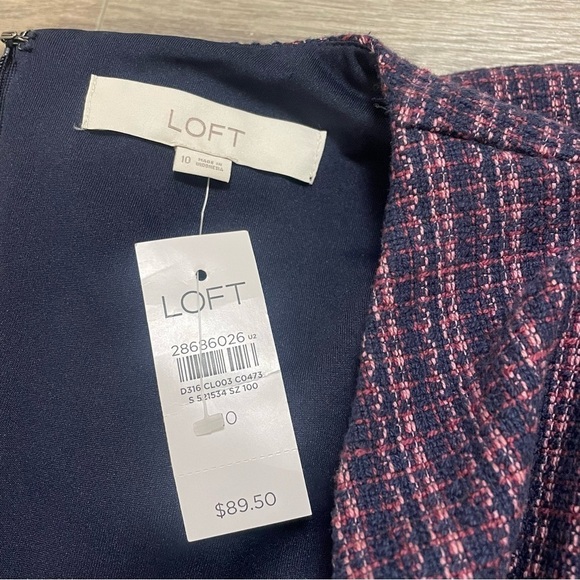 Loft V Neck Short Puffed Sleeve Tweed Career Dress Pink Purple Blue Sz 10 NWT - Picture 7 of 9